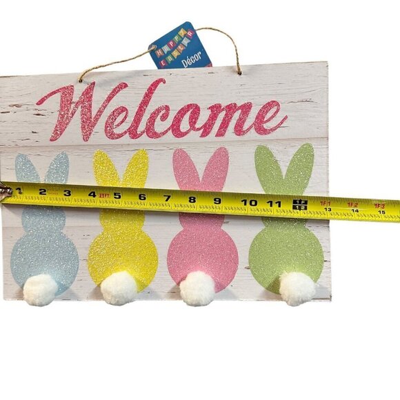 Easter Bunny Welcome Sign 14x8 in Glitter Pastel Spring Door Wall Decor Rabbit - Picture 3 of 7